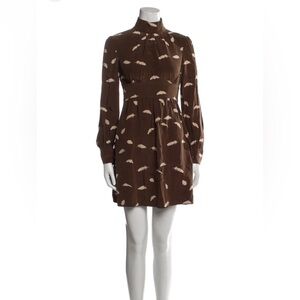 Tibi Dress Silk Brown Dress with Ivory Feather Print